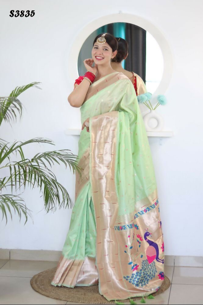 Pista Woven Jacquard Designer Embroidery Work Party Wear Saree - Parampara