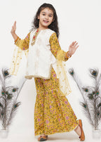Little Bansi Girls Cotton Embroidery Kurta with floral sharara with Dupatta - White & Yellow