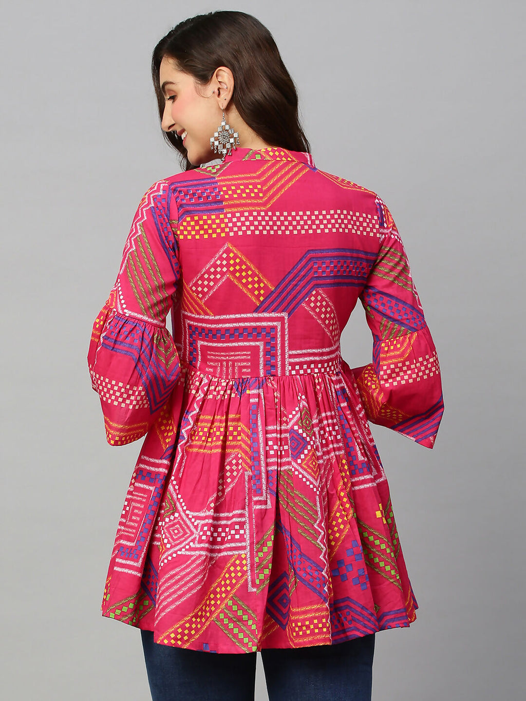 Pink Cotton Geometric Printed A-line Top - Bosky