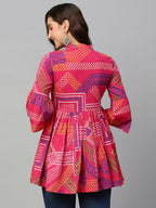 Pink Cotton Geometric Printed A-line Top - Bosky