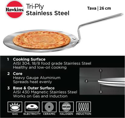 Hawkins TriPly Tawa 26 cm Diameter (Stainless Steel, Induction Bottom)