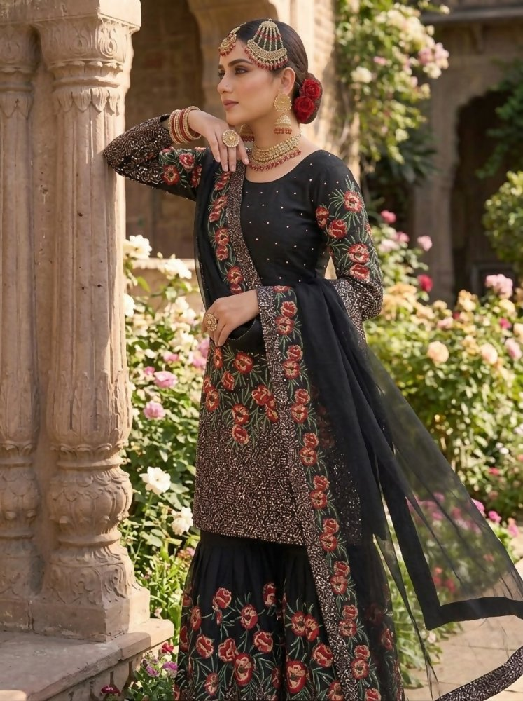 Teeya Creation Black Fendy Silk Heavy Embroidery Work Party Wear Sharara Suit - Distacart