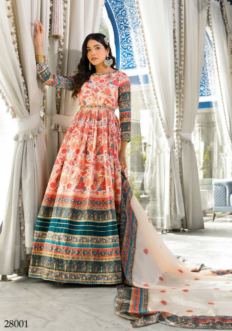 Wedding Designer Multi Soft Dola Silk Anarkali suit with Dupatta - Sanj
