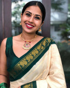 DEIANA'S Beautiful Designer Golden zari Soft Lichi Silk Saree - White