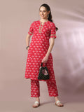 Myshka Women's Pink Printed Cotton Straight Party Kurta Set