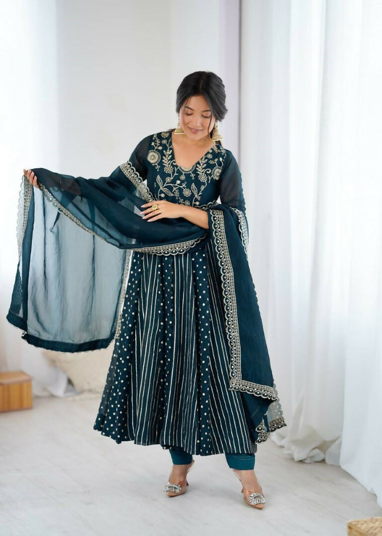 Teeya Creation Teal Color Heavy Crunchy Silk Embroidery Work Gown - Distacart