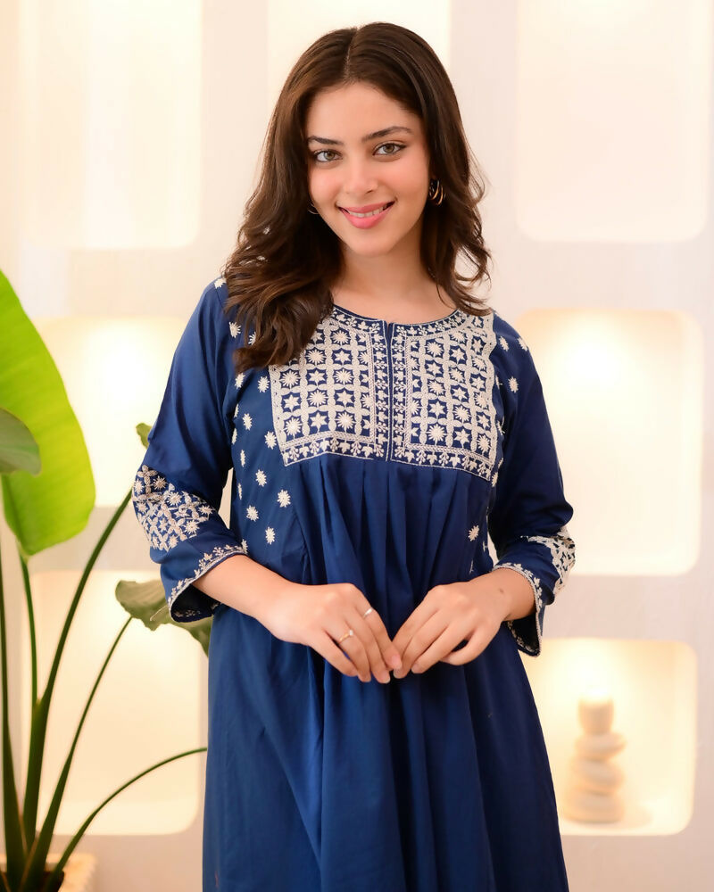 The52 Women's Beautiful Viscose Rayon Fabric Thread Work Flared Kurta Pant Set - Distacart