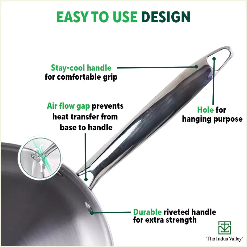 The Indus Valley TurboCuk Tri-ply Stainless Steel Fry Pan, Premium Quality, 3 Layer Thick Body, 100% Toxin-free, Non-stick, Induction & Gas,Spatula, 22/24/26 cm, 1.5/1.7/1.9L