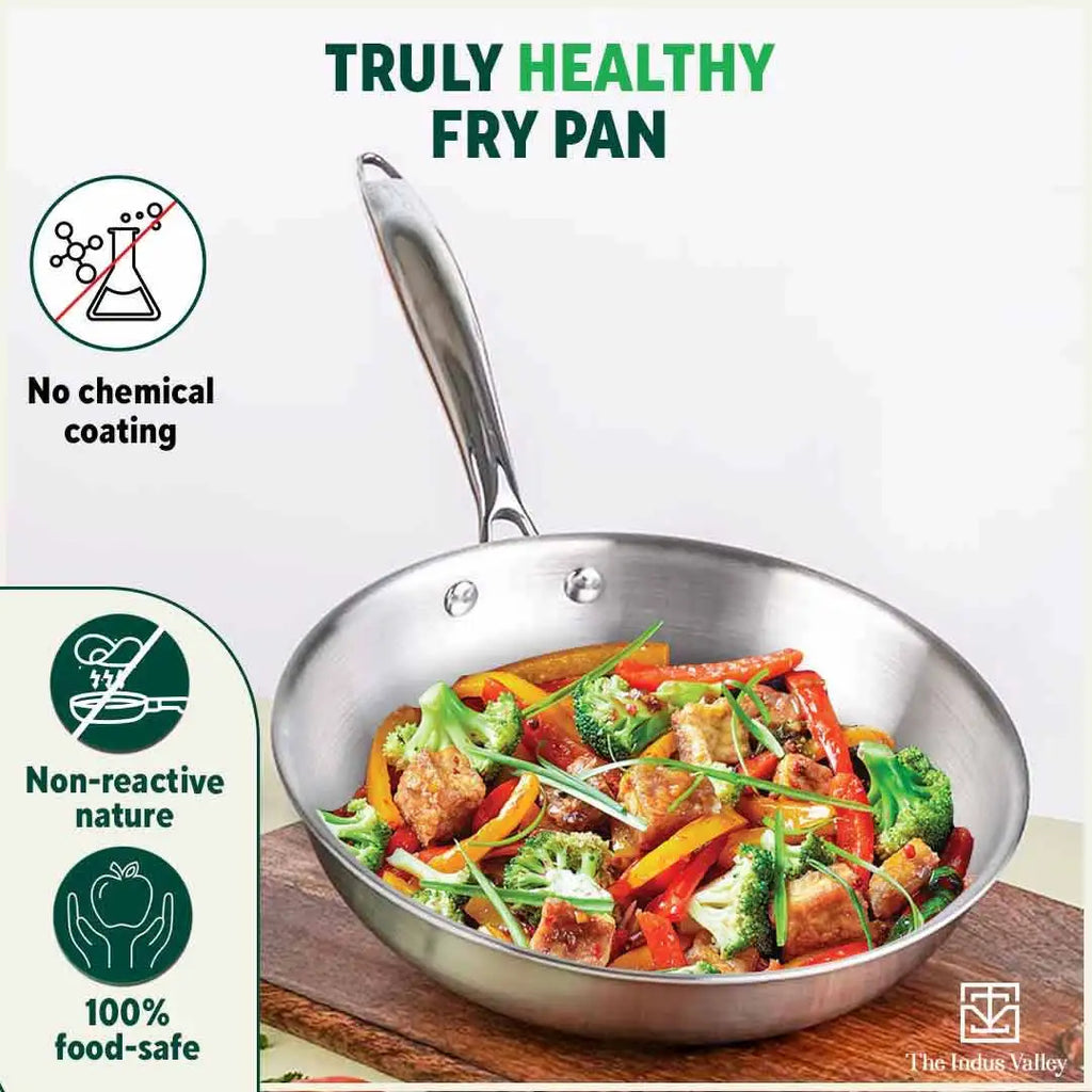 The Indus Valley TurboCuk Tri-ply Stainless Steel Fry Pan, Premium Quality, 3 Layer Thick Body, 100% Toxin-free, Non-stick, Induction & Gas,Spatula, 22/24/26 cm, 1.5/1.7/1.9L
