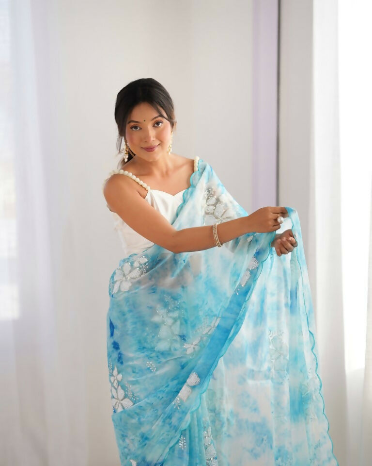Sky Blue Jimmy Choo Printed, Sequence Embroidery Work Saree - Saima