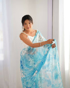 Sky Blue Jimmy Choo Printed, Sequence Embroidery Work Saree - Saima