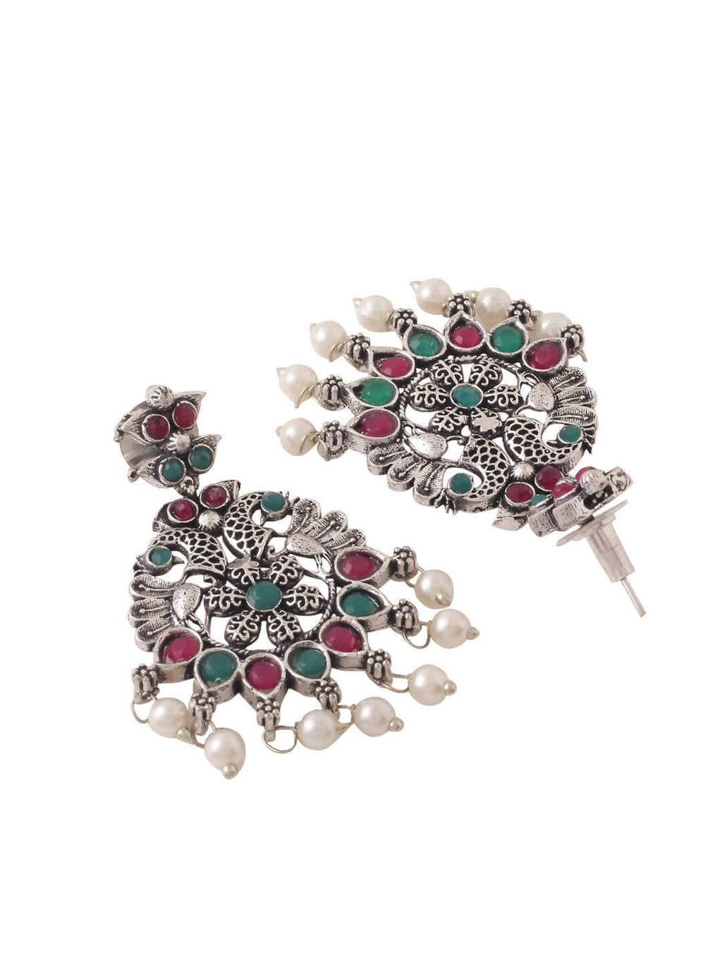 NVR Women Stone Studded Oxidised Silver Jewellery Set