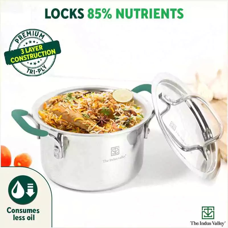 The Indus Valley TurboCuk Tri-ply Stainless Steel Biryani Cooking Pot/Casserole, Premium Quality, 3 Layer Thick Body, Cool Silicone Handles, 100% Toxin-free, Non-stick, Induction & Gas, Spatula, 2.9L