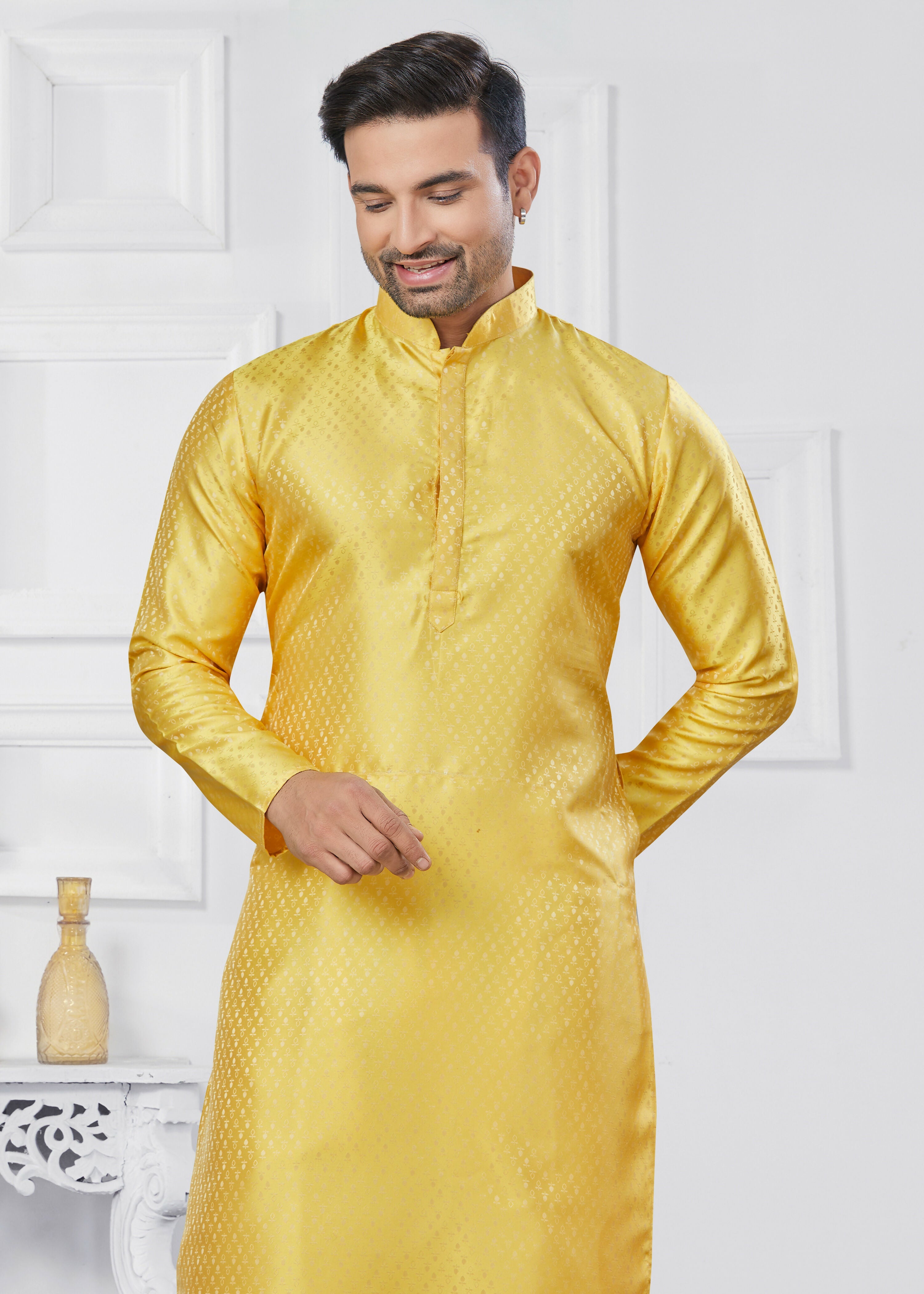 Joban Fashion Men's Jacquard Silk Yellow Printed Kurta Pyjama set