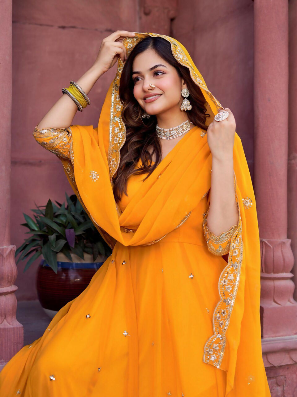 The52 Women's Beautiful Faux Georgette Fabric Embroidery Work Flared Anarkali Pant and Dupatta Set - Distacart