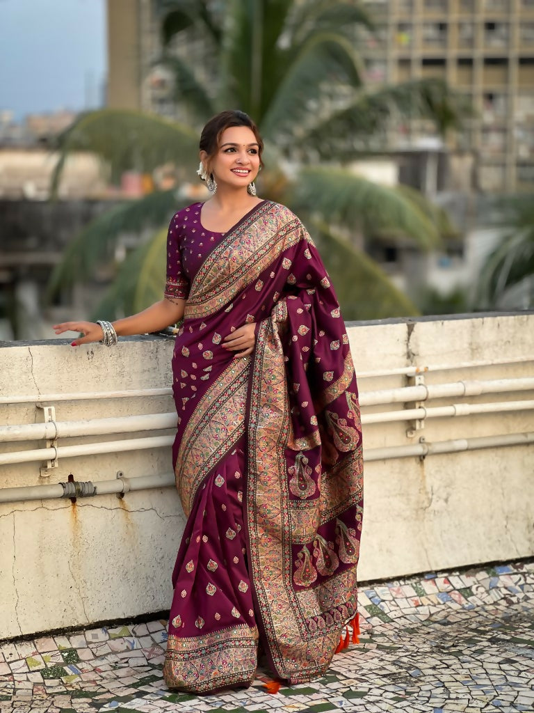 Magenta Pashmina Silk Wevon Kashmiri Meenakari Designer Saree with Unstitched Blouse - Vandini