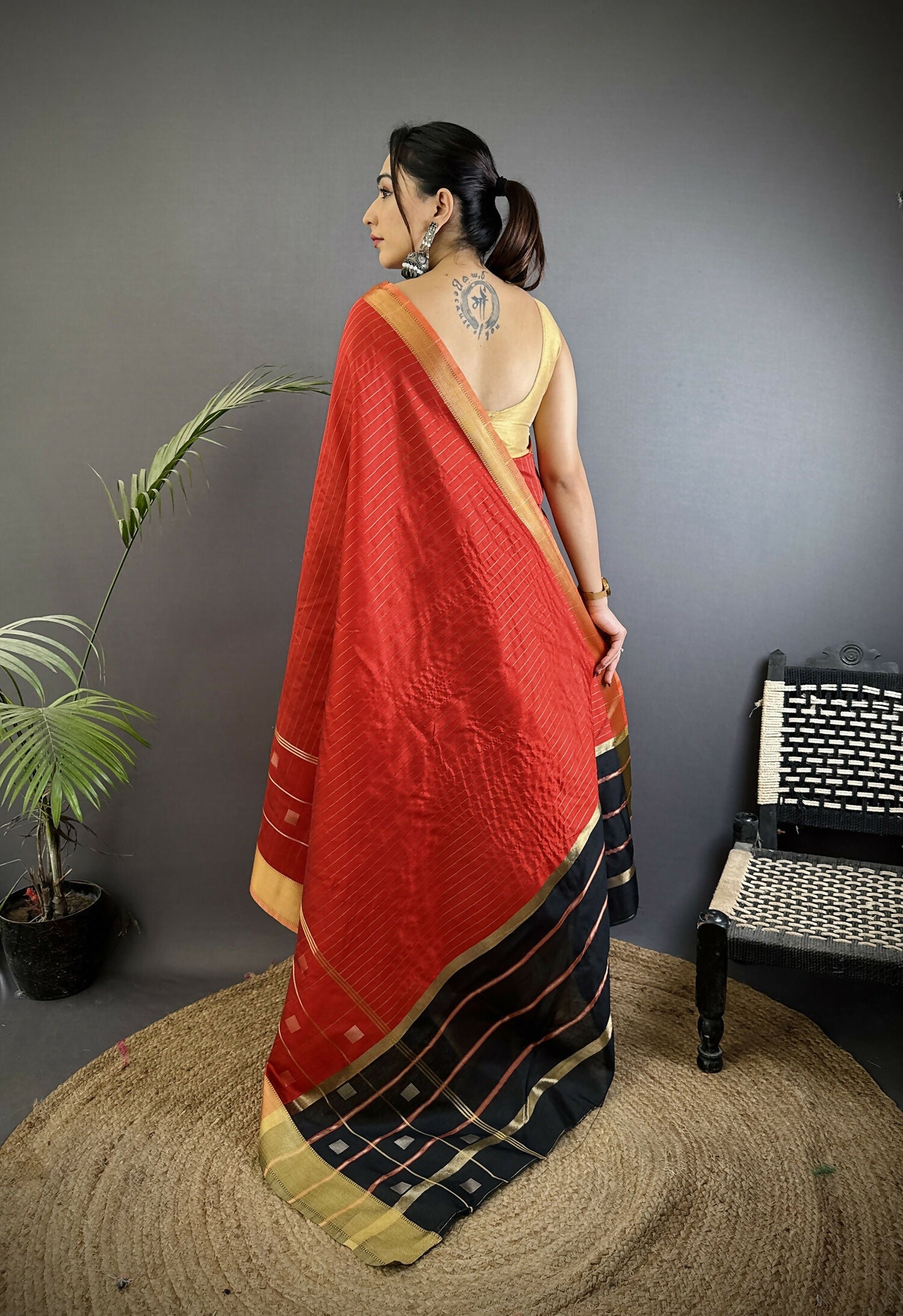 Joban Fashion Red Bhagalpuri Cotton Silk Stripes/Box Saree - Distacart