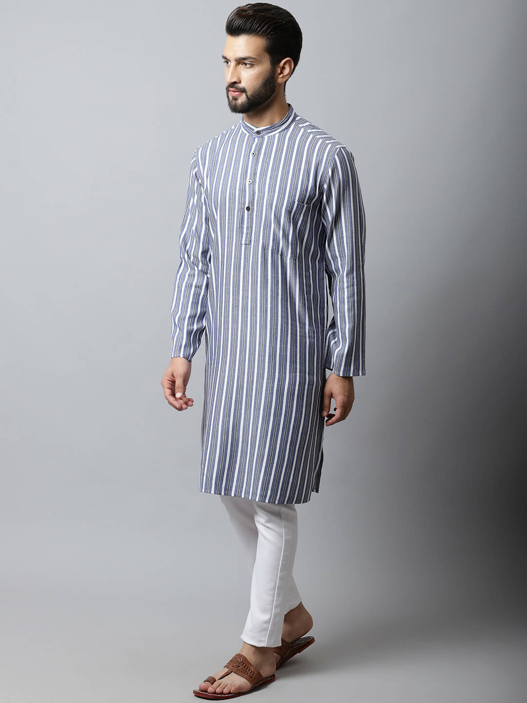 Even Apparels Blue Color Pure Cotton Men's Kurta With Band Collar (STR1168) - Distacart