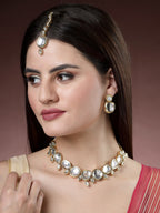 NVR Women's Gold Kundan-Studded Necklace and Earrings with Mang Tikka