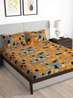 Story@home Orange & White Geometric Microfiber 180 TC Bedsheet With Pillow Cover