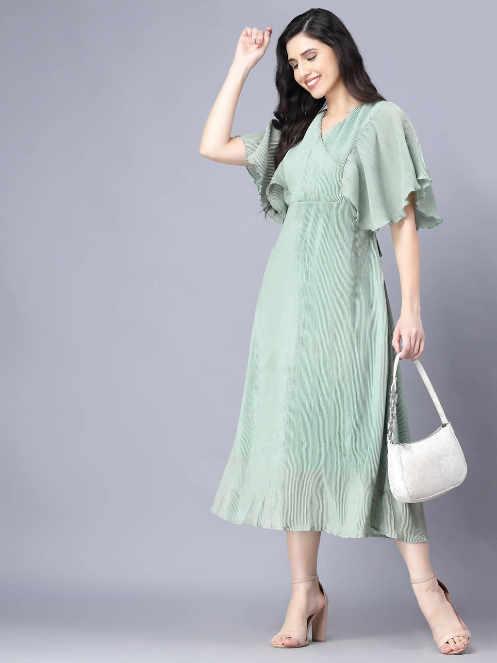 Myshka Chiffon Solid Short Sleeve V Neck Green Women Dress - Distacart