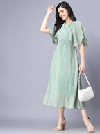 Myshka Chiffon Solid Short Sleeve V Neck Green Women Dress - Distacart
