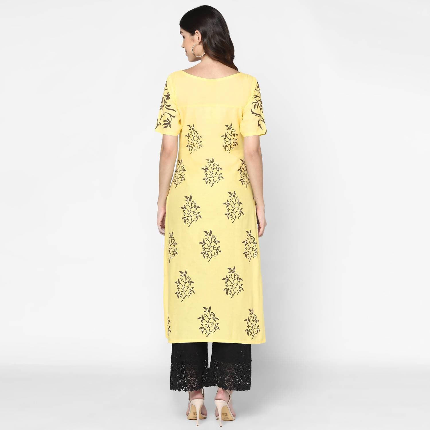 Cheera Hand Block Print Pale Yellow Straight Kurta (MAAI-056K)