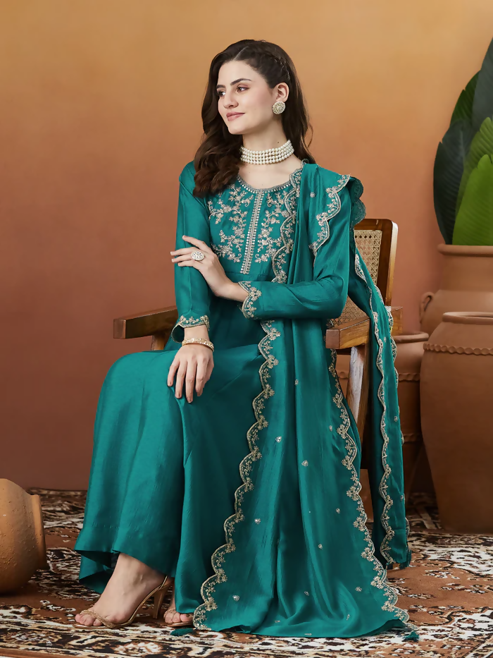 The52 Rama Women's Beautiful Vichitra Silk Fabric Embroidered Work Flared Anarkali Pant and Dupatta Set - Distacart