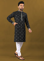 Prazu Fashion Black Matka Silk All Over Silver Jari With Embroidery Buti Designer Kurta For Men's