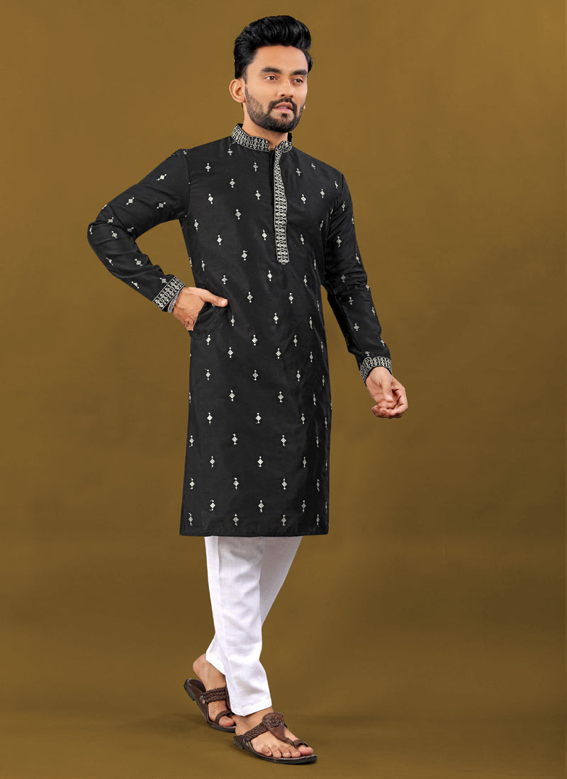 Prazu Fashion Black Matka Silk All Over Silver Jari With Embroidery Buti Designer Kurta For Men's