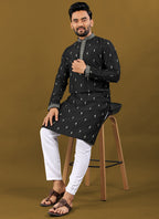 Prazu Fashion Black Matka Silk All Over Silver Jari With Embroidery Buti Designer Kurta For Men's