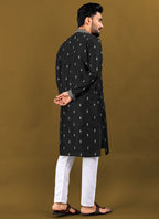 Prazu Fashion Black Matka Silk All Over Silver Jari With Embroidery Buti Designer Kurta For Men's