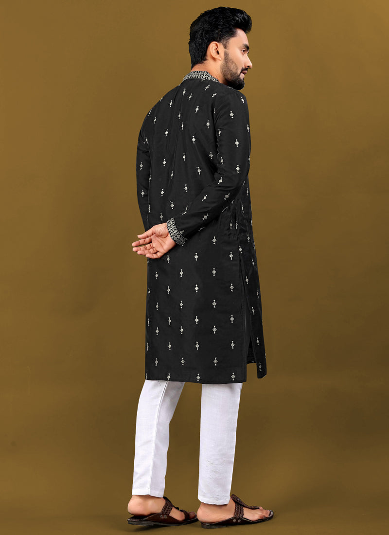 Prazu Fashion Black Matka Silk All Over Silver Jari With Embroidery Buti Designer Kurta For Men's