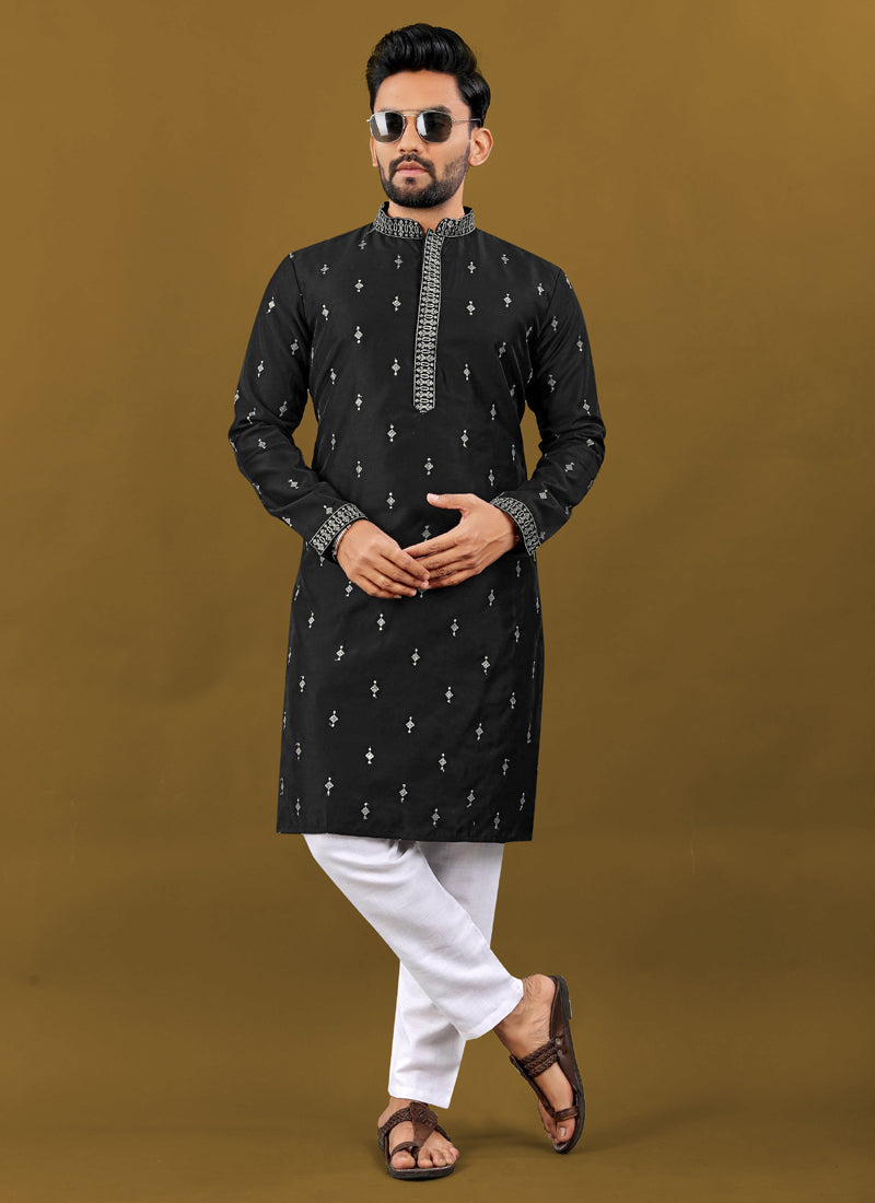 Prazu Fashion Black Matka Silk All Over Silver Jari With Embroidery Buti Designer Kurta For Men's