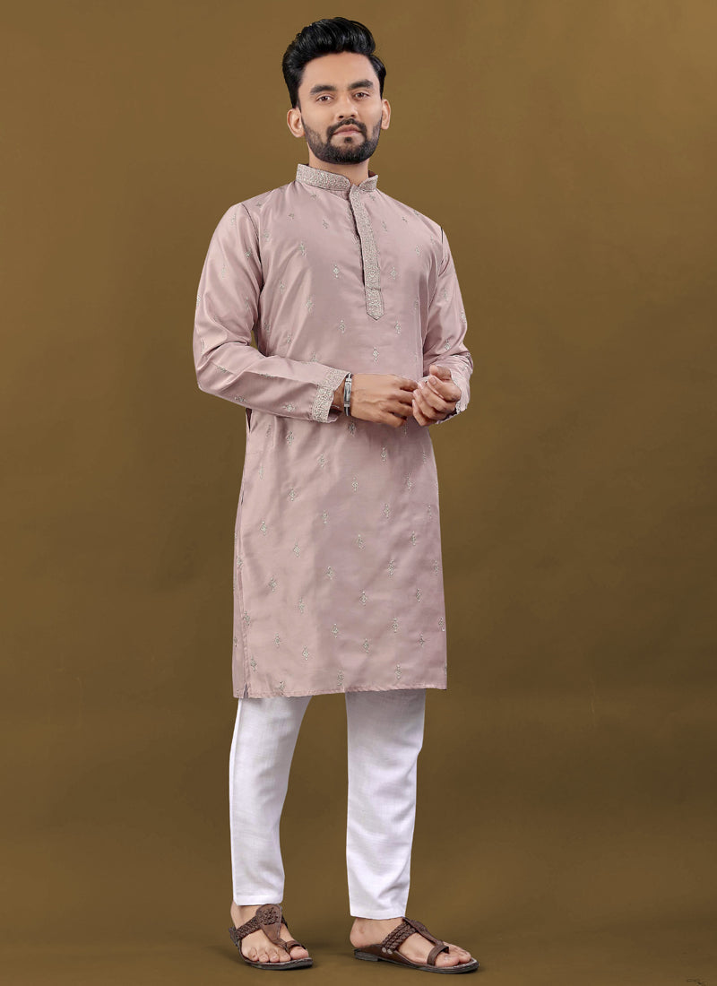 Prazu Fashion Blush Pink Matka Silk All Over Silver Jari With Embroidery Buti Designer Kurta For Men's - Distacart
