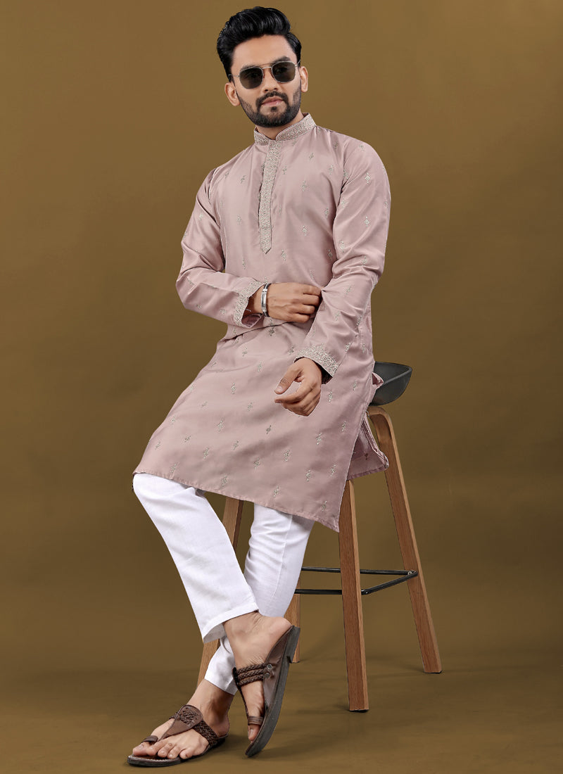 Prazu Fashion Blush Pink Matka Silk All Over Silver Jari With Embroidery Buti Designer Kurta For Men's - Distacart