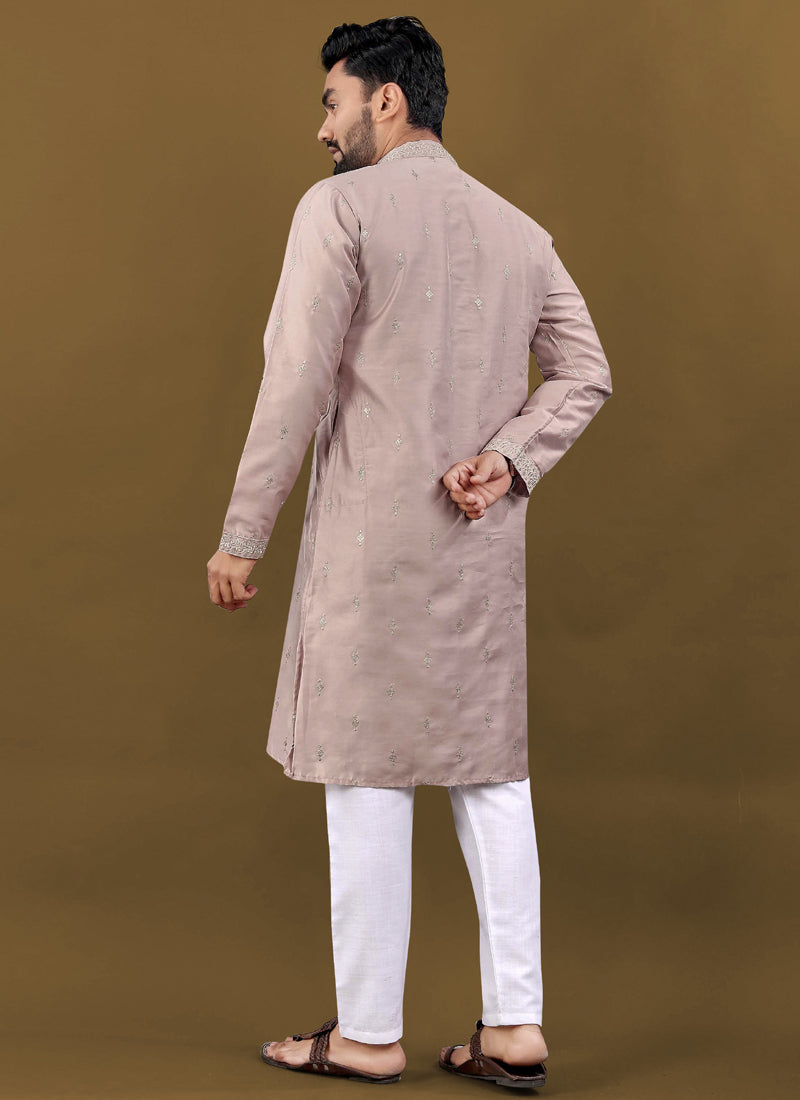 Prazu Fashion Blush Pink Matka Silk All Over Silver Jari With Embroidery Buti Designer Kurta For Men's - Distacart