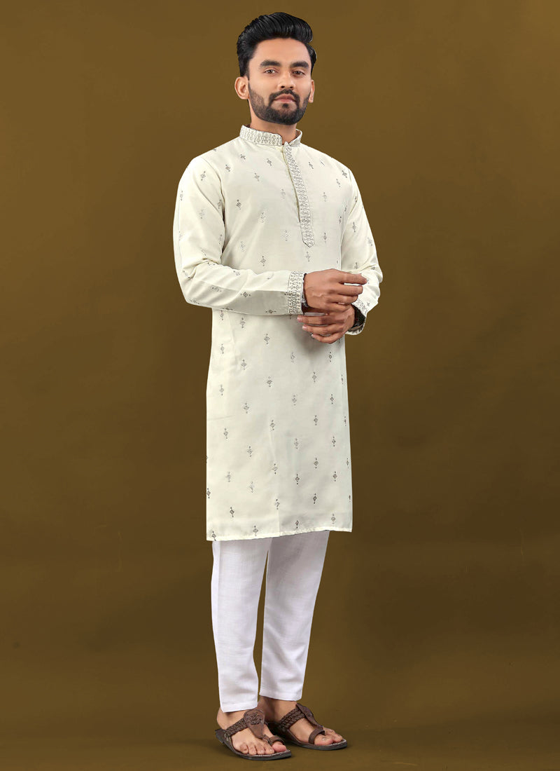 Prazu Fashion Off White Matka Silk All Over Silver Jari With Embroidery Buti Designer Kurta For Men's