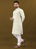 Prazu Fashion Off White Matka Silk All Over Silver Jari With Embroidery Buti Designer Kurta For Men's
