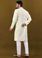 Prazu Fashion Off White Matka Silk All Over Silver Jari With Embroidery Buti Designer Kurta For Men's