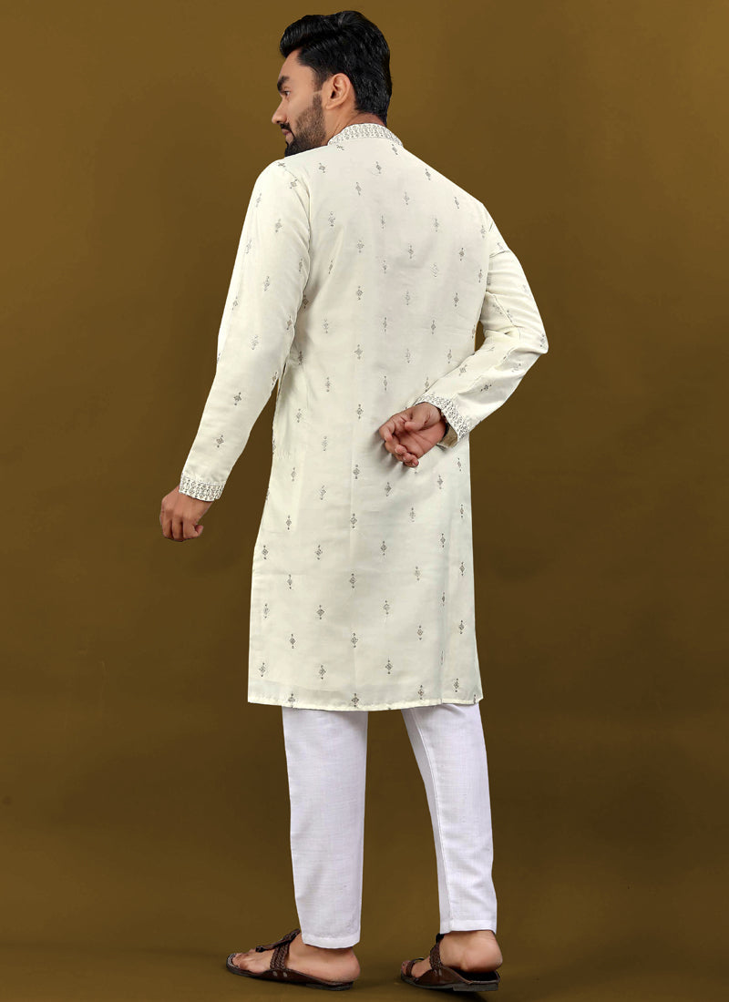 Prazu Fashion Off White Matka Silk All Over Silver Jari With Embroidery Buti Designer Kurta For Men's