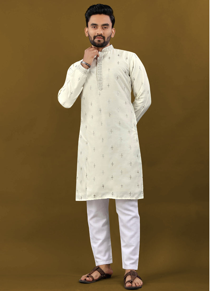 Prazu Fashion Off White Matka Silk All Over Silver Jari With Embroidery Buti Designer Kurta For Men's