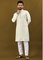Prazu Fashion Off White Matka Silk All Over Silver Jari With Embroidery Buti Designer Kurta For Men's