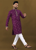 Prazu Fashion Purple Matka Silk All Over Silver Jari With Embroidery Buti Designer Kurta For Men's