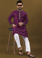 Prazu Fashion Purple Matka Silk All Over Silver Jari With Embroidery Buti Designer Kurta For Men's