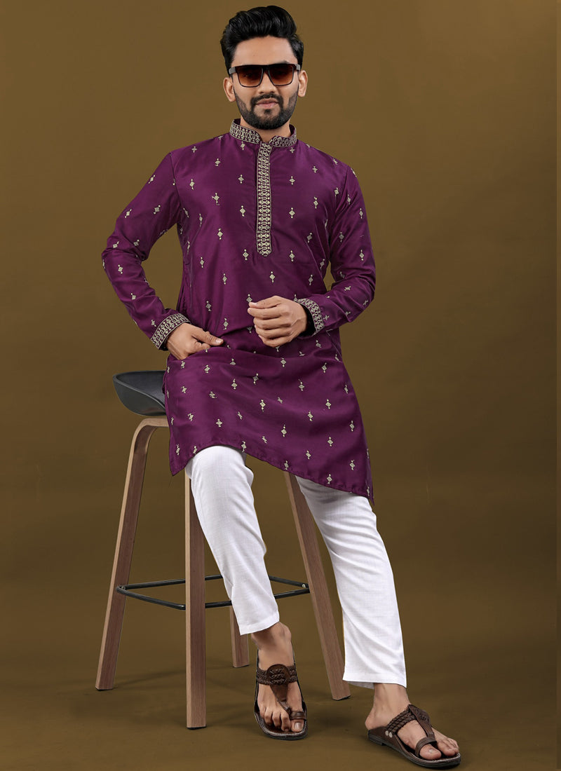 Prazu Fashion Purple Matka Silk All Over Silver Jari With Embroidery Buti Designer Kurta For Men's