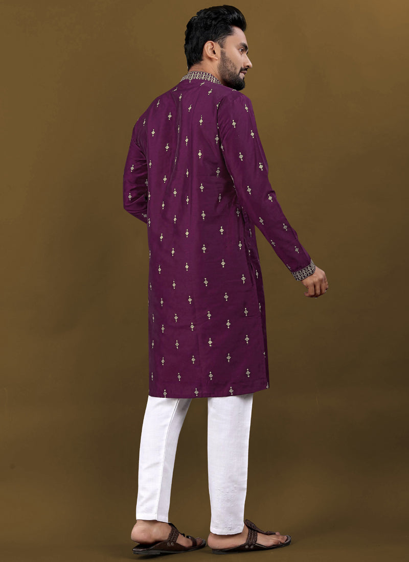 Prazu Fashion Purple Matka Silk All Over Silver Jari With Embroidery Buti Designer Kurta For Men's