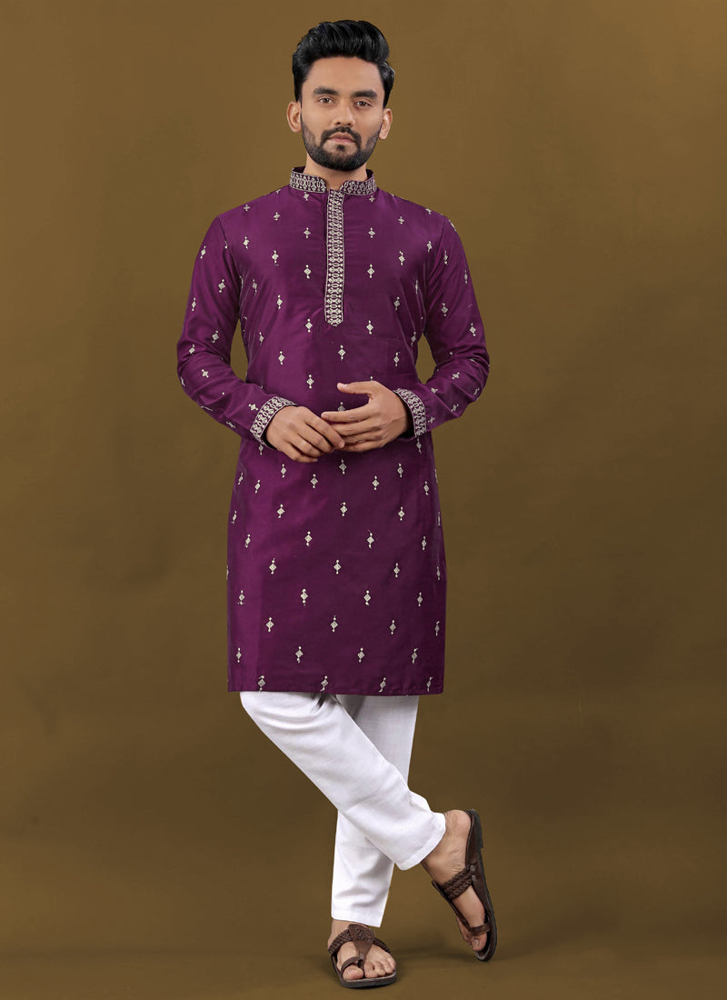 Prazu Fashion Purple Matka Silk All Over Silver Jari With Embroidery Buti Designer Kurta For Men's