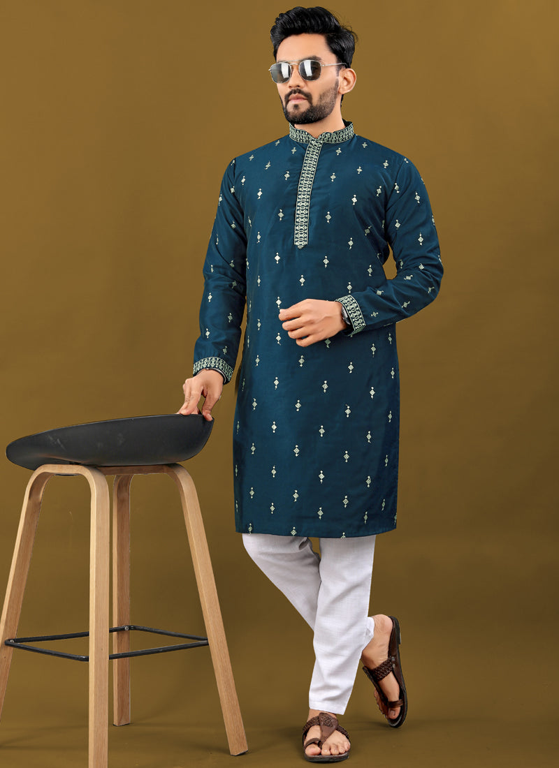 Prazu Fashion Royal Blue Matka Silk All Over Silver Jari With Embroidery Buti Designer Kurta For Men's