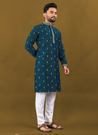 Prazu Fashion Royal Blue Matka Silk All Over Silver Jari With Embroidery Buti Designer Kurta For Men's